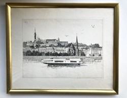 Panorama of Buda from the Danube - marked large-scale artistic etching, 1975