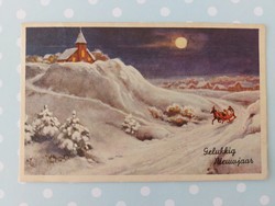 Régi képeslap 1945 karácsonyi levelezőlap havas táj lovas szán