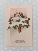 Old postcard Christmas postcard pine branch cone church