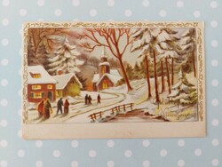 Régi képeslap karácsonyi 1955 levelezőlap havas táj séta a misére
