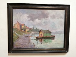 Chiovini Ferenc (1899-1981) : Hajókikötő, gyönyörű és eredeti olajfestmény, aukción.