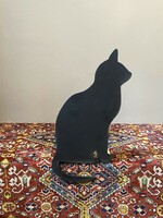 Black howling cat statue wooden silhouette 34 cm