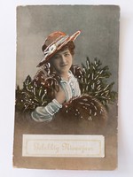 Old Christmas card 1929 female photo postcard