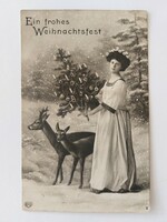 Old Christmas postcard 1909 female photo postcard fawn blue