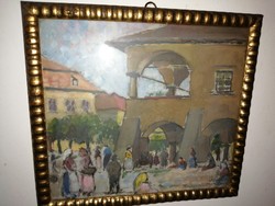 Lázár szird: the Lőcs market square, 1927, beautiful, very rare antique oil painting.