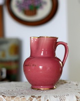 Rarity! Antique Zsolnay, pink-glazed fajaz small jug, with Harkány memory inscription