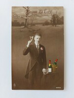 Old New Year's card 1916 man photo postcard champagne