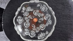 Retro, Waltherglas német kristályüveg tál/kínáló, domború maratott rózsamintával, 4,5 X  18 cm, 490g