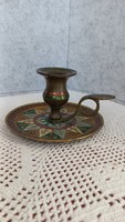 Old marked copper walking candle holder, marked, enameled with colorful pattern, hand painted, 7 x 12.7 cm
