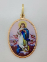 338T. 1Ft-ról Szűz Mária porcelán medál 14karátos arany keretben