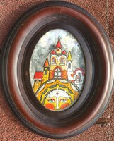 Fire enamel picture in an oval leather frame