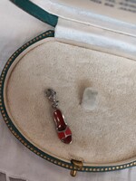 Old silver women's slipper-shaped medal with red enamel, charm for sale!