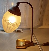 Antique sevession table lamp made of copper, dimmable light source, polished glass shade