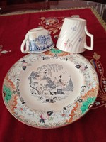 3 db antik - XIX.sz-i - holland fajansz Petrus Regout  - 1 lapos tányér és 2 csésze / bögre