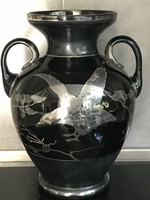 Antique Czech black glass amphora vase with hand-painted silver pattern, 34 cm high