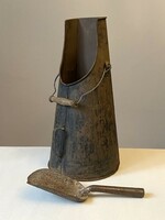 Antique coal storage iron with original shovel stove fireplace accessory 57 cm