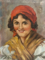 János Szőllősy (1884-?) Woman with a red scarf (erzsike), 1943 /oil on canvas/ (invoice provided)