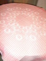 Beautiful vintage pink checkered hand embroidered woven tablecloth