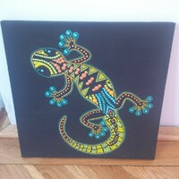 New! Gekko picture, hand-painted, 30x30cm, made on a stretched canvas with a dotting technique