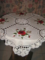 Dreamy antique handmade crochet embroidered tablecloth