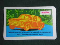 Card calendar, Áfor gas station, engine oil, graphic artist, Lada Zsiguli car, 1980