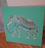 New! Elephant picture, hand painted, 30x30cm, made on stretched canvas with dotting technique