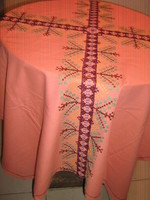 Beautiful hand embroidered cross stitch elegant peach on pink woven tablecloth