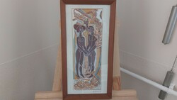 (K) rare linocut by János Józsa with a 45x23 cm frame. Ady illustration, contemporary frame.