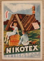 Nikotex reklám képeslap 1938-ból, Pálla Jenő grafikus alkotása, gyűjtői darab