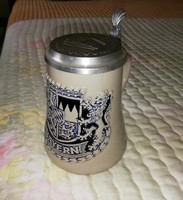 Bavarian Gerzite ceramic beer mug with tin lid, convex pattern, 0.5 l