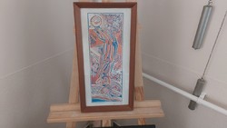 (K) rare linocut by János Józsa with a 45x23 cm frame. Ady illustration, contemporary frame.