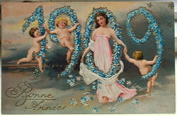 Antik dombornyomott 1909. évi Újévi üdvözlő képeslap - virág számok puttók szép hölggyel