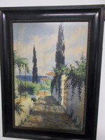 Mediterranean Painting, Sea with Cypress Trees, Piccola Strada