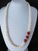 14K gold pearl necklace with red carnelian stones