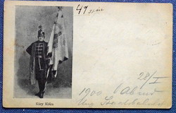 Antik fotó képeslap/ KüryKlára művésznő  huszárként  Patrona Hungariae zászlóval  1900ból