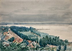 Szabó Miklós (1914-1995): Balaton, Balatonalmádi látképe a vasútállomással, szocreál akvarell, 1950
