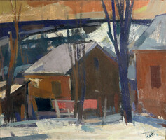László Kalló (1925-2018) winter landscape 1965. 50X60cm | miskolc street village sun landscape
