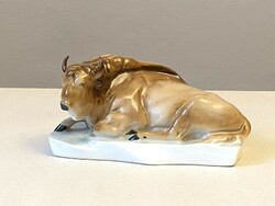 Painted Zsolnay porcelain reclining bull statue