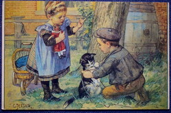 Grafikus üdvözlő képeslap - cicával játszó gyerekek / 1980 körüli reprint