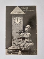 Old New Year's card photo postcard little girl pig