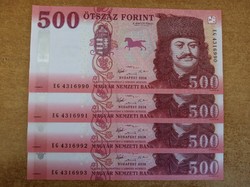 4 db hajtatlan sorszámkövető 500 forint bankjegy UNC 2018