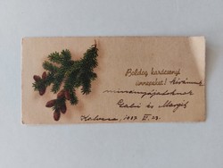 Régi mini képeslap 1937 karácsonyi üdvözlőkártya fenyőág toboz