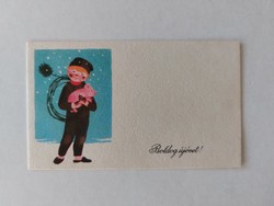 Régi mini képeslap újévi üdvözlőkártya kéményseprő kismalac