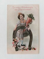 Old New Year's card photo postcard little girl lucky horseshoe