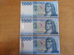 3 db hajtatlan sorszámkövető 1000 forint bankjegy UNC 2017