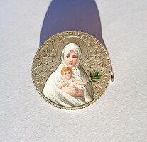 1847-es 20 krajcárból készített tűzzománcos Szűz Mária a kis Jézussal ezüst bross