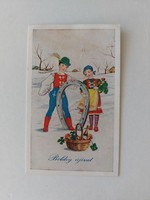 Old mini postcard New Year's greeting card children in national costume lucky horseshoe