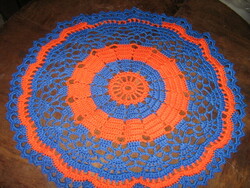 Beautiful navy blue-orange handmade crochet round tablecloth