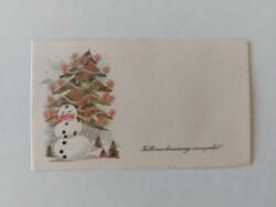 Old mini postcard Christmas greeting card snowman fir tree