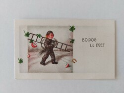 Old mini postcard 1947 New Year's greeting card chimney sweep clover